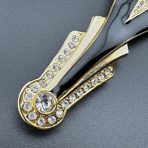 Vintage Art Deco Style Gold-Tone Brooch w Sparkly Rhinestones Black Enamel 3.2" - Picture 9 of 9